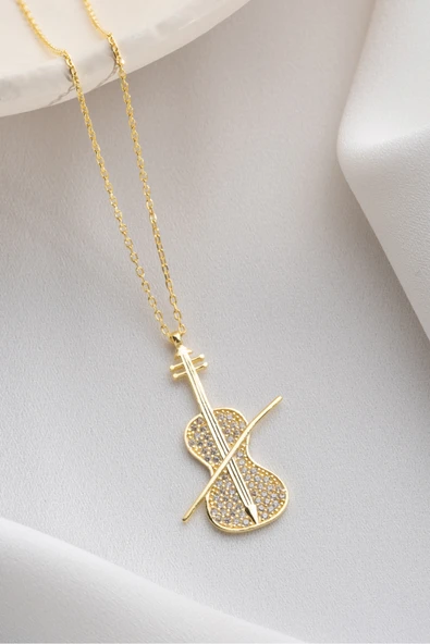 Two Arts Jewelry Kadın 925 Ayar Gümüş Keman Şekilli Zirkon Taşlı Kolye | Hediye Kutusunda Altın 45 cm ürün görseli 1