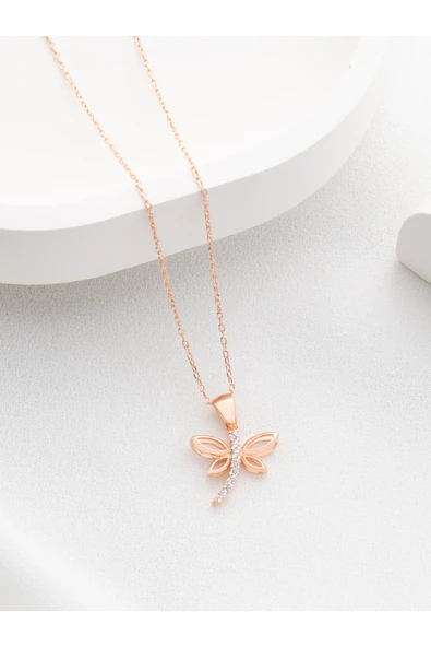 Two Arts Jewelry Kadın 925 Ayar Gümüş Kuyruğu Taşlı Yusufçuk Kolyesi | Hediye Kutusunda Pembe 45 cm ürün görseli 1