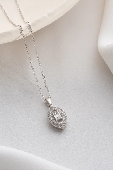 Two Arts Jewelry Kadın 925 Ayar Gümüş Oval Zirkon Taşlı Kolye | Hediye Kutusunda Gümüş 45 cm ürün görseli 1
