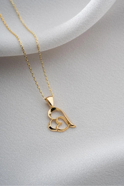 Two Arts Kadın 925 Ayar Gümüş İç İçe Kalp Kolye | 14K Altın Kaplama Altın 45 cm üzeri ürün görseli 1