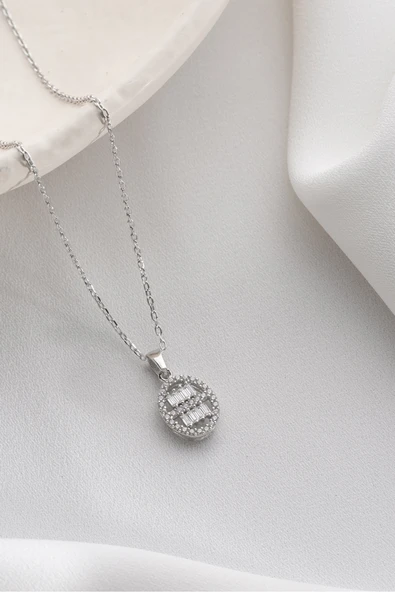 Two Arts Jewelry Kadın 925 Ayar Gümüş Oval Zirkon Taşlı Kolye | Hediye Kutusunda Gümüş 45 cm ürün görseli 1