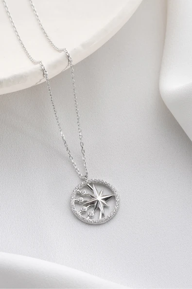 Two Arts Jewelry Kadın 925 Ayar Gümüş Kuzey Yıldızı Zirkon Taşlı Kolye | Hediye Kutusunda Gümüş 45 cm ürün görseli 1