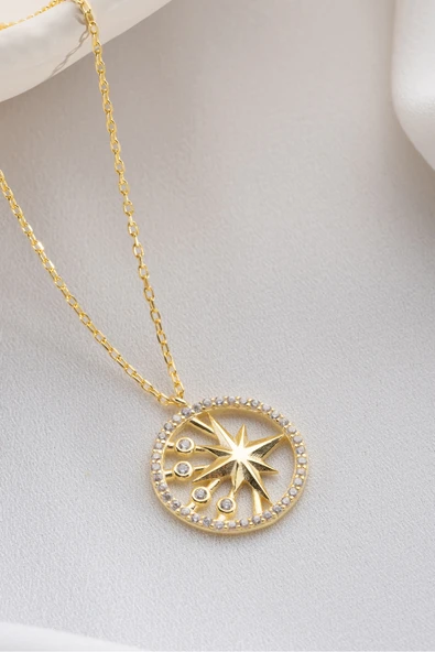 Two Arts Jewelry Kadın 925 Ayar Gümüş Kuzey Yıldızı Zirkon Taşlı Kolye | Hediye Kutusunda Altın 45 cm ürün görseli 1