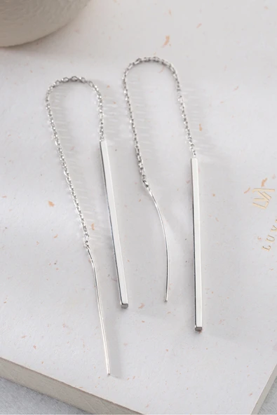 Two Arts Kadın 925 Ayar Gümüş Minimalist Uzun Zincir Küpe | 14K Altın Kaplama | Hediye Kutusunda Gümüş Tek Ebat ürün görseli 1