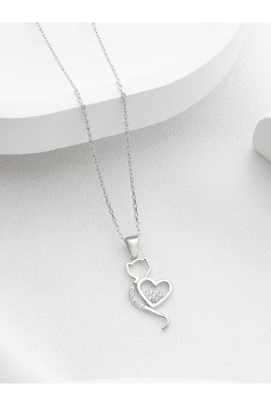 Two Arts Jewelry Kadın 925 Ayar Gümüş Kedi Kalp Kolye | Hediye Kutusunda Gümüş 45 cm ürün görseli 1