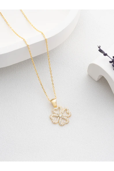 Two Arts Jewelry Kadın 925 Ayar Gümüş Zirkon Taşlı Dört Yapraklı Yonca Kolye | Hediye Kutusunda Altın 45 cm ürün görseli 1