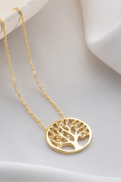Two Arts Jewelry Kadın 925 Ayar Gümüş Hayat Ağacı Zirkon Taşlı Kolye | Hediye Kutusunda Altın 45 cm ürün görseli 1