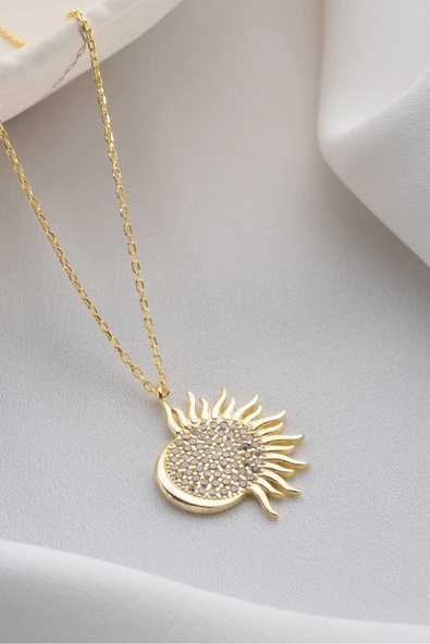 Two Arts Jewelry Kadın 925 Ayar Gümüş Güneş Motifli Zirkon Taşlı Kolye | Hediye Kutusunda Altın 45 cm ürün görseli 1