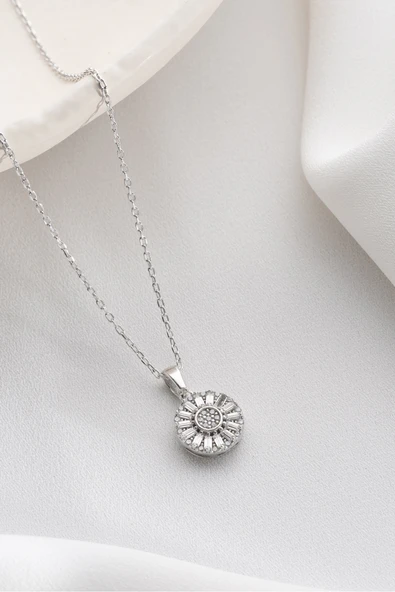 Two Arts Jewelry Kadın 925 Ayar Gümüş Yuvarlak Güneş Işığı Zirkon Kolye | Hediye Kutusunda Gümüş 45 cm ürün görseli 1