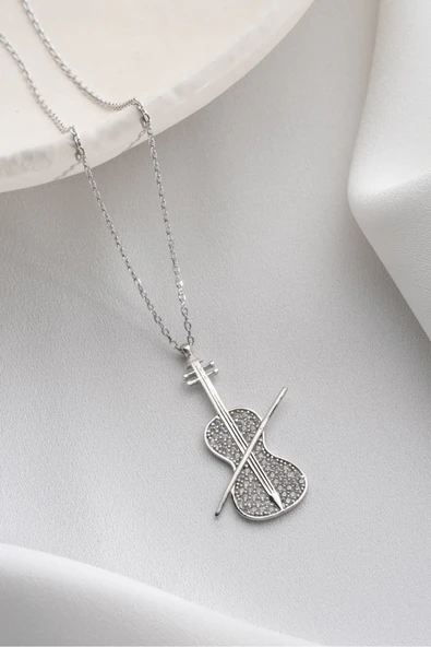 Two Arts Jewelry Kadın 925 Ayar Gümüş Keman Şekilli Zirkon Taşlı Kolye | Hediye Kutusunda Gümüş 45 cm ürün görseli 1