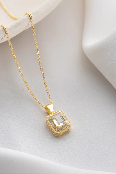 Two Arts Jewelry Kadın 925 Ayar Gümüş Baget Kesim Zirkon Taşlı Kolye | Hediye Kutusunda Altın 45 cm ürün görseli 1