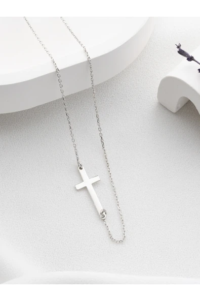 Two Arts Jewelry Kadın 925 Ayar Gümüş Yan Haç Kolye | Hediye Kutusunda Gümüş 45 cm ürün görseli 1