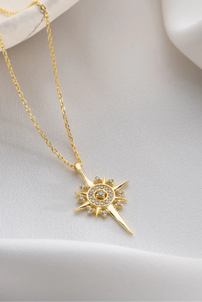 Two Arts Jewelry Kadın 925 Ayar Gümüş Kutup Yıldızı Zirkon Taşlı Kolye | Hediye Kutusunda Altın 45 cm ürün görseli 1