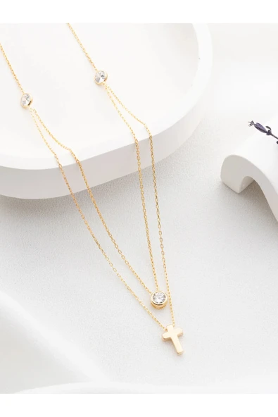 Two Arts Jewelry Kadın 925 Ayar Gümüş Üç Taşlı Haç Kolye | Hediye Kutusunda Altın 45 cm ürün görseli 1