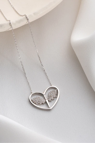 Two Arts Jewelry Kadın 925 Ayar Gümüş Melek Kanadı ve Kalp Zirkon Taşlı Kolye | Hediye Kutusunda Gümüş 45 cm ürün görseli 1