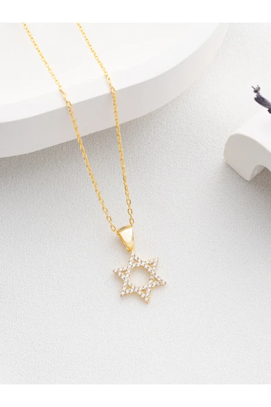 Two Arts Jewelry Kadın 925 Ayar Gümüş Davut Yıldızı Kolyesi | Hediye Kutusunda Altın 45 cm ürün görseli 1