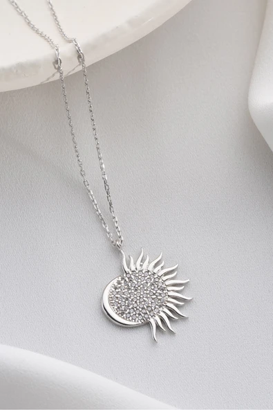 Two Arts Jewelry Kadın 925 Ayar Gümüş Güneş Motifli Zirkon Taşlı Kolye | Hediye Kutusunda Gümüş 45 cm ürün görseli 1