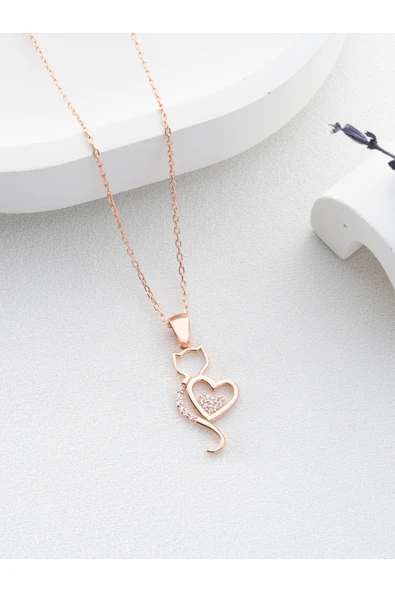 Two Arts Jewelry Kadın 925 Ayar Gümüş Kedi Kalp Kolye | Hediye Kutusunda Pembe 45 cm ürün görseli 1