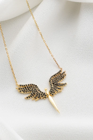 Two Arts Kadın 925 Ayar Gümüş Siyah Zirkon Taşlı Mikail Meleği Kolye | Hediye Kutusunda 14K Altın Kaplama 45 cm üzeri ürün görseli 1