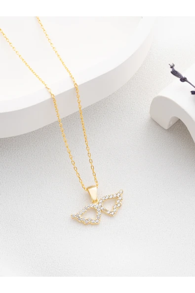 Two Arts Jewelry Kadın 925 Ayar Gümüş Melek Kanadı Kolyesi | Hediye Kutusunda Altın 45 cm ürün görseli 1