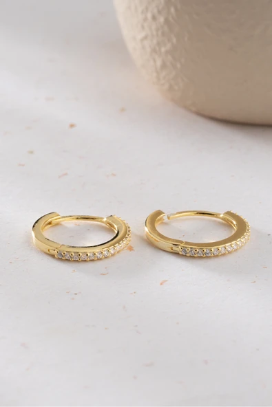Two Arts Kadın 925 Ayar Gümüş Zirkon Taşlı Minimal Halka Küpe | 14K Altın Kaplama | Hediye Kutusunda Altın Tek Ebat ürün görseli 1