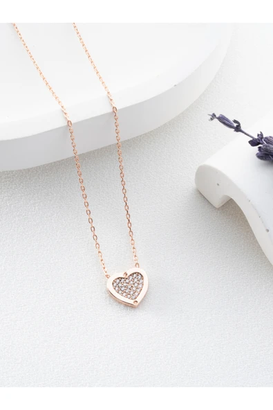 Two Arts Jewelry Kadın 925 Ayar Gümüş Zirkon Çerçeveli Kalp Kolye | Hediye Kutusunda Pembe 45 cm ürün görseli 1