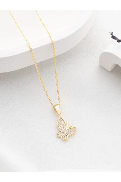 Two Arts Jewelry Kadın 925 Ayar Gümüş Kelebek Kolye | Hediye Kutusunda Pembe 45 cm ürün görseli 1
