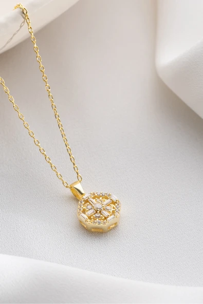 Two Arts Jewelry Kadın 925 Ayar Gümüş Sekizgen Zirkon Taşlı Kolye | Hediye Kutusunda Altın 45 cm ürün görseli 1