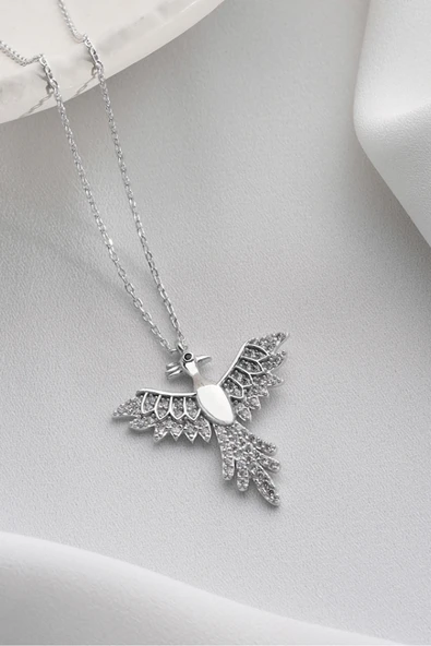 Two Arts Jewelry Kadın 925 Ayar Gümüş Kuş Motifli Zirkon Taşlı Kolye | Hediye Kutusunda Gümüş 45 cm ürün görseli 1