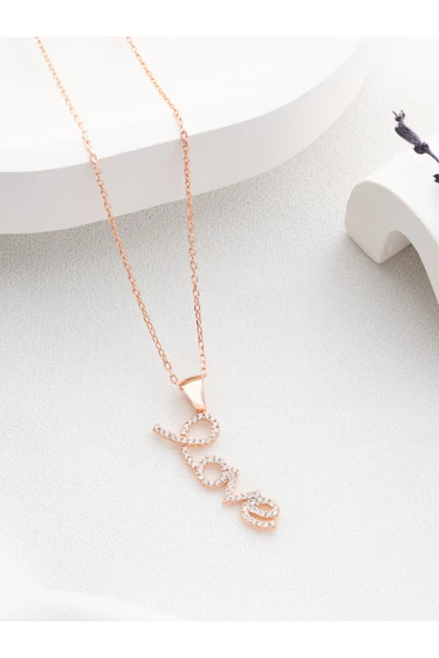 Two Arts Jewelry Kadın 925 Ayar Gümüş Aşk "Love" Kolyesi | Hediye Kutusunda Pembe 45 cm ürün görseli 1