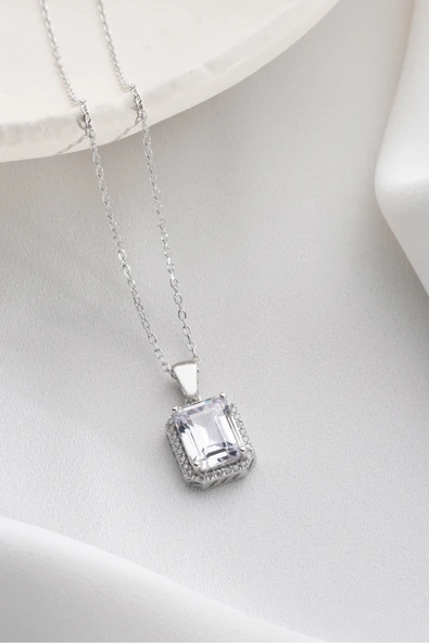 Two Arts Jewelry Kadın 925 Ayar Gümüş Dikdörtgen Zirkon Taşlı Kolye | Hediye Kutusunda Gümüş 45 cm ürün görseli 1