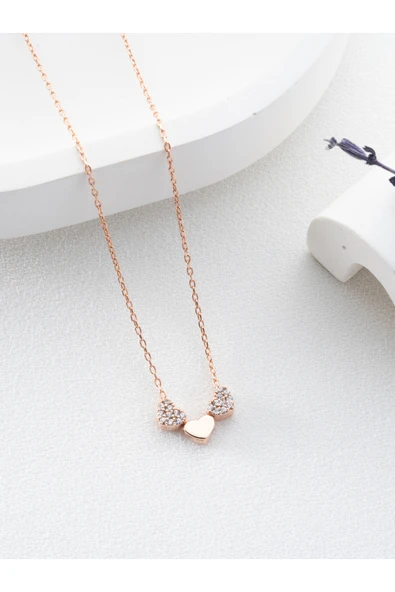 Two Arts Jewelry Kadın 925 Ayar Gümüş Üç Kalp Kolye | Hediye Kutusunda Pembe 45 cm ürün görseli 1