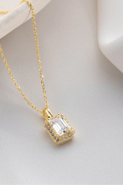 Two Arts Jewelry Kadın 925 Ayar Gümüş Dikdörtgen Kesim Zirkon Taşlı Kolye | Hediye Kutusunda Altın 45 cm ürün görseli 1