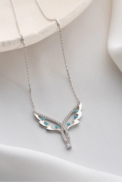 Two Arts Jewelry Kadın 925 Ayar Gümüş Kanat Şeklinde Mavi Taşlı Kolye | Zirkon Taşlı | Hediye Kutusunda Gümüş 45 cm ürün görseli 1