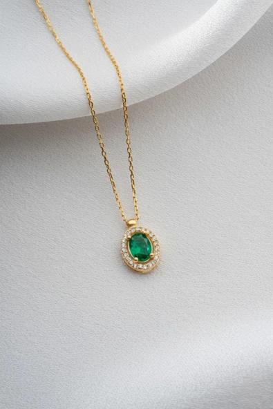 Two Arts Kadın 925 Ayar Gümüş Zümrüt Mayıs Doğum Taşlı Baget Kolye Oval | 14K Altın Kaplama Zümrüt Yeşil 45 cm üzeri ürün görseli 1