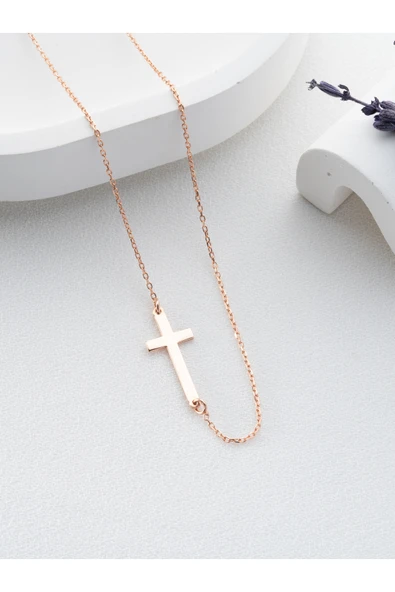 Two Arts Jewelry Kadın 925 Ayar Gümüş Yan Haç Kolye | Hediye Kutusunda Pembe 45 cm ürün görseli 1