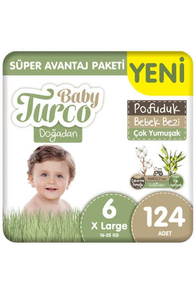 Baby Turco Doğadan Süper Avantaj Paketi Pofuduk Bebek Bezi 6 Numara Xlarge 124 Adet ürün görseli 1