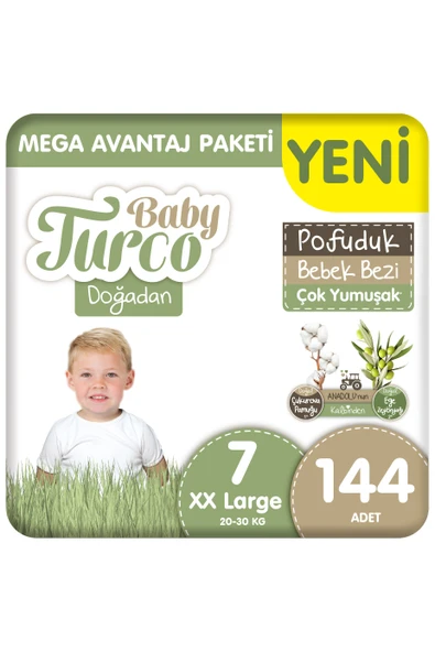 Baby Turco Doğadan Mega Avantaj Paketi Pofuduk Bebek Bezi 7 Numara Xxlarge 144 Adet ürün görseli 1