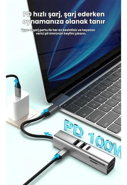 7in1 4K Hdmi 2xUsb 3.0 Sd Tf Kart Okuyucu PD 100w Type-C Şarj Çevirici Adaptör ürün görseli 1