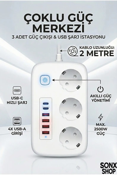 Norino 2500W Çoklu Priz 2 METRE – 3’lü AC Priz +5 USB Çıkışı AKIM KORUMALI Alev Almayan Gövde, ürün görseli 1