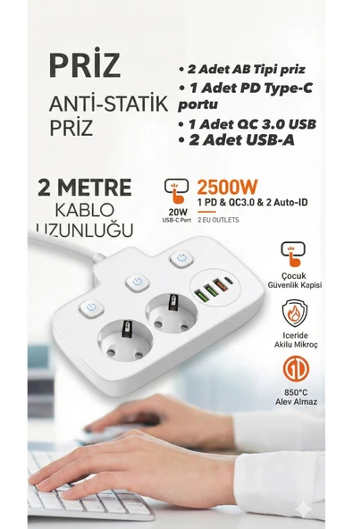 Norino Akım Korumalı 2500W Güçlü 3 USB + Type-C Portlu Çoklu Priz | Hızlı Şarj, Çocuk Kilidi, 2 METRE ürün görseli 1
