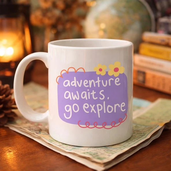 Norino Adventure Awaits Go Explore Yazılı Porselen Kupa MODEL 157 – Motivasyon Temalı, Sevimli Tasarım, Kahve & Çay Kupası ürün görseli 1