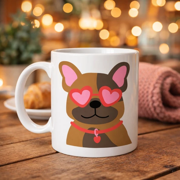 Norino Sevimli French Bulldog Desenli Porselen Kupa Model 48 – Kalpli Gözlüklü Köpek Tasarımı, Hediye Kupa, Kahve & Çay Kupası ürün görseli 1