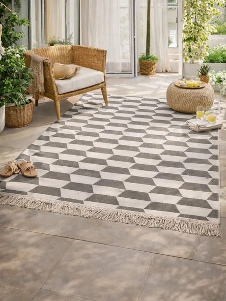 3D Küp Desenli Pamuklu Dokuma Çift Taraflı Kilim Yıkanabilir Modern Yolluk Kaymaz Dekoratif Halı ürün görseli 1