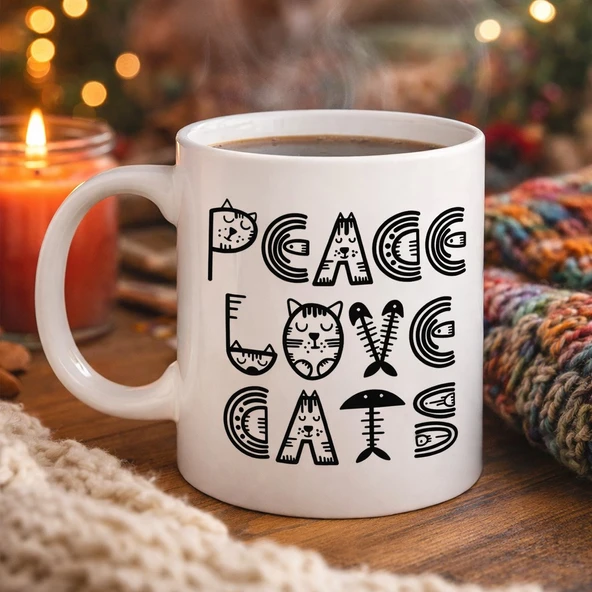 Norino Peace Love Cats – Sevimli Kedi Desenli Porselen Kupa MODEL 60 Kahve & Çay Kupası ürün görseli 1