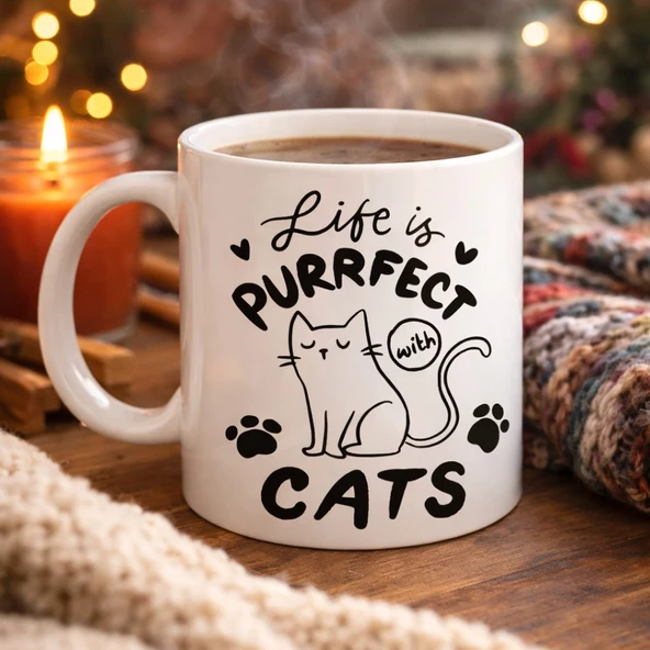Norino Life is Purrfect with Cats – Kedi Desenli Porselen Kupa MODEL 62 Sevimli Kedi Figürlü Kahve Kupası ürün görseli 1
