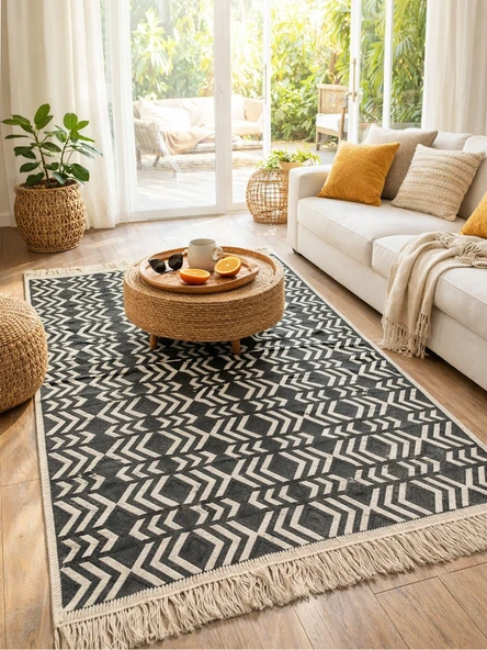Zikzak Çizgili Desenli Pamuklu Dokuma Çift Taraflı Kilim Yıkanabilir Modern Yolluk Kaymaz Dekoratif Halı ürün görseli 1