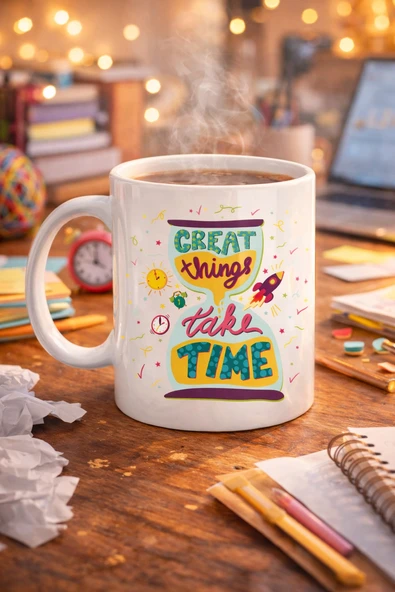 Norino Great Things Take Time Porselen Kupa MODEL 130 – Motivasyon Mesajlı Renkli Kupa, İlham Veren Kahve & Çay Kupası ürün görseli 1