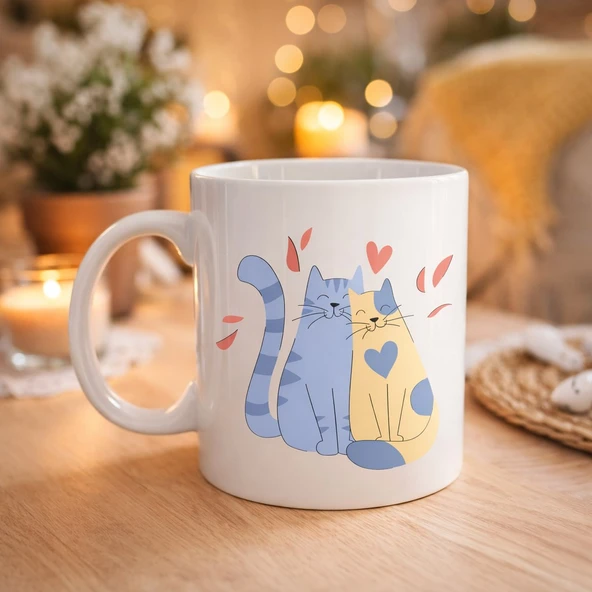 Norino Sevimli Aşık Kediler Desenli Porselen Kupa Model 42 – Love Cats Tasarım Sevgiliye Hediye, Kahve & Çay Kupası ürün görseli 1