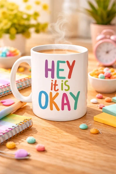 Norino Hey It Is Okay Motivasyon Kupası MODEL 137 – Renkli Tasarım Porselen Kupa – Moral Veren, Pozitif Mesajlı Kahve & Çay Kupası ürün görseli 1